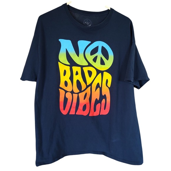 DOM No Bad Vibes Tee Shirt Black Navy Graphic‎ Peace Logo Mens Extra Large SEE - Picture 1 of 9